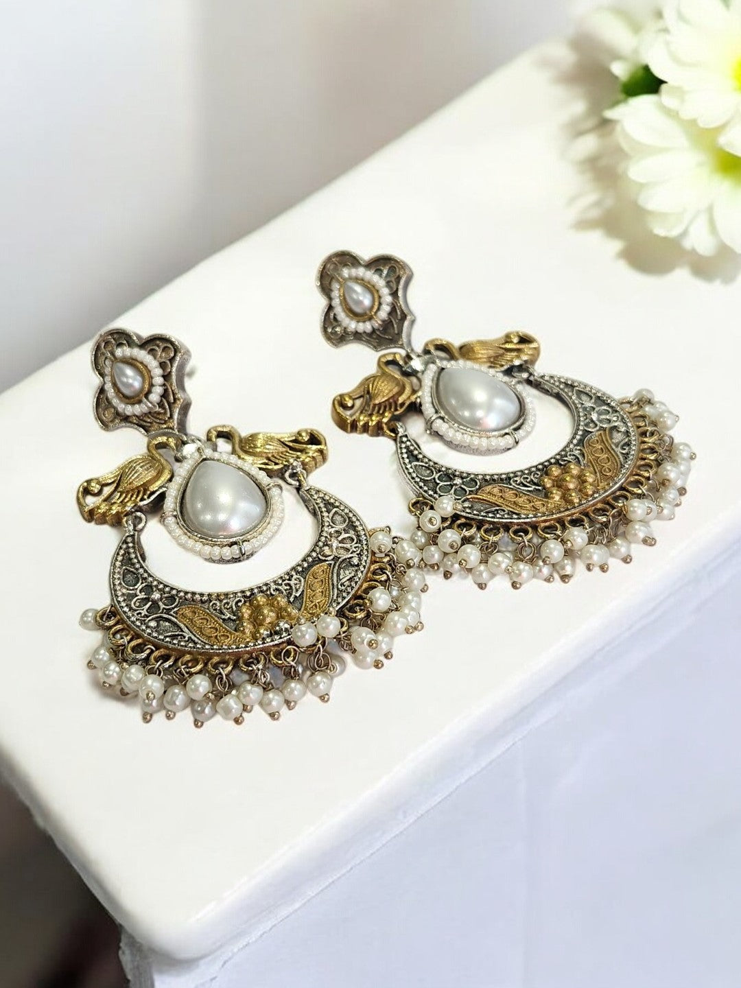 PEARL CHAND BALI AYANSHEY GERMAN SILVER EARRINGS