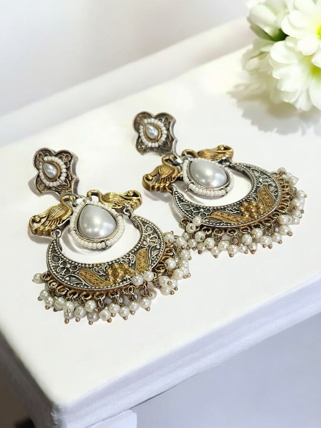 PEARL CHAND BALI AYANSHEY GERMAN SILVER EARRINGS
