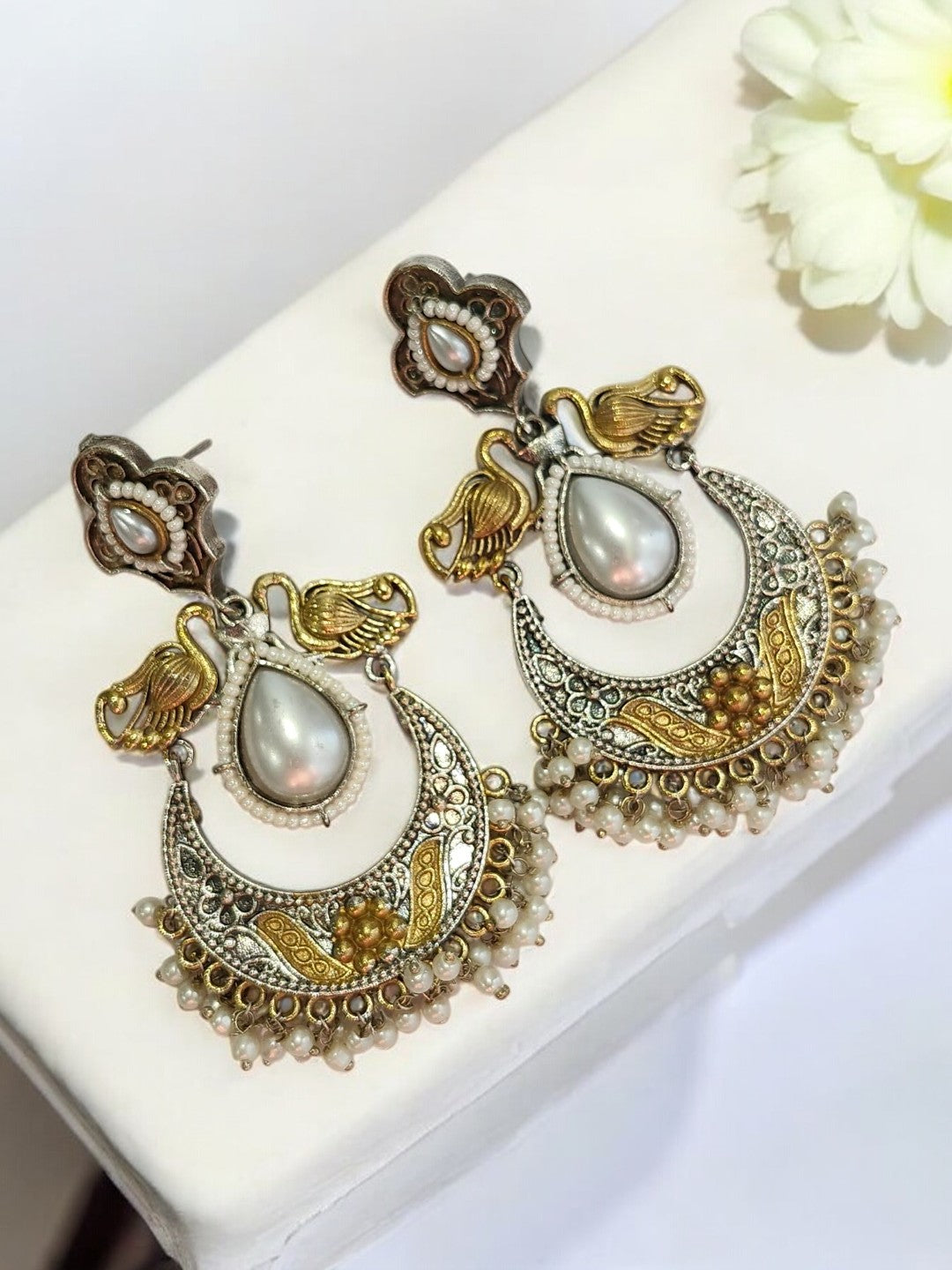 PEARL CHAND BALI AYANSHEY GERMAN SILVER EARRINGS