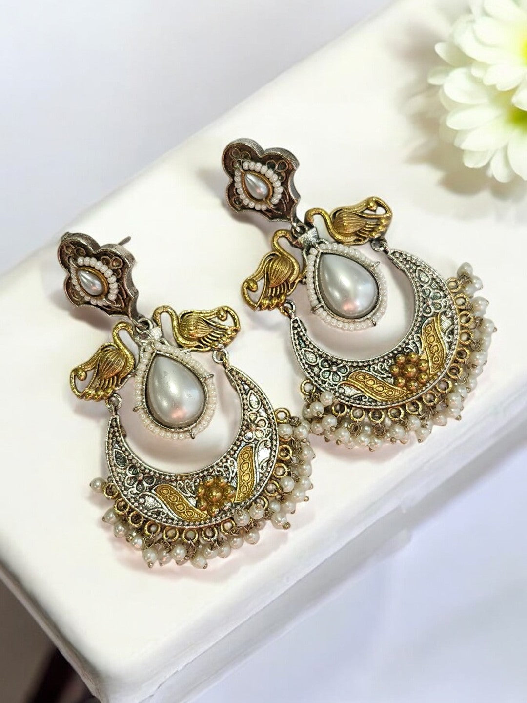 PEARL CHAND BALI AYANSHEY GERMAN SILVER EARRINGS