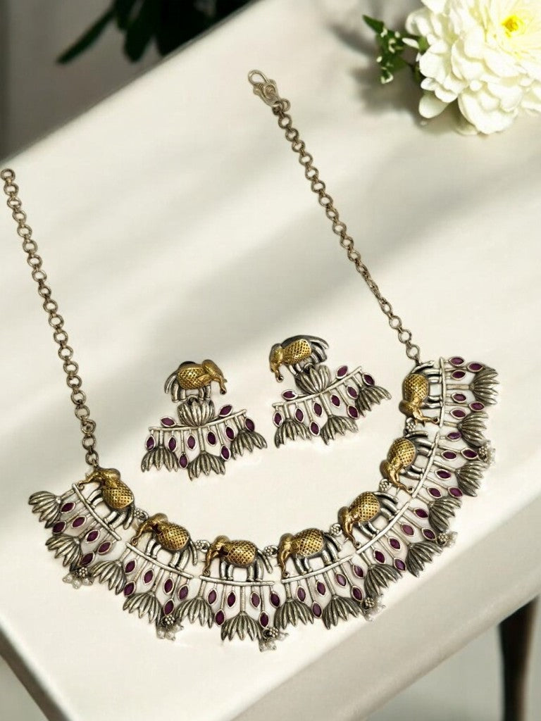 PINK STONE ELEPHANT RUDHRATI GERMAN SILVER JEWELLERY SET