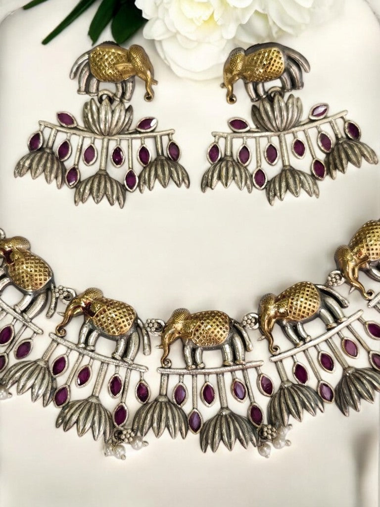 PINK STONE ELEPHANT RUDHRATI GERMAN SILVER JEWELLERY SET
