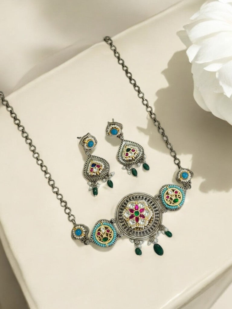 GREEN PAARU GERMAN SILVER JEWELLERY SET