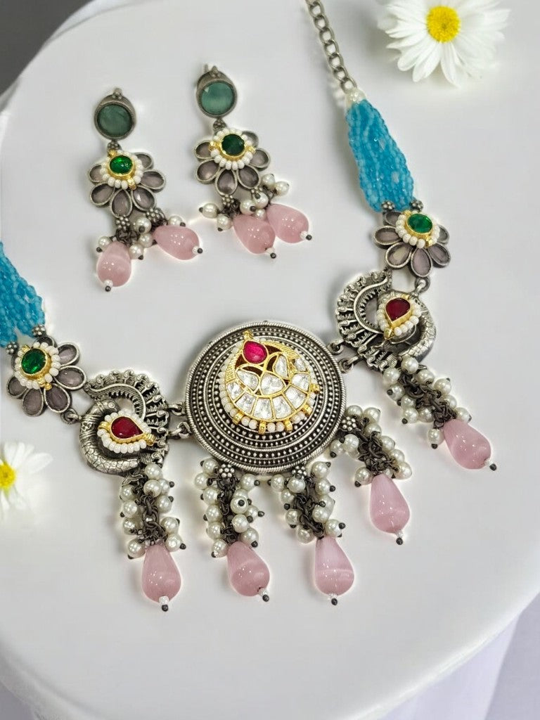 PINK DRISHNA GERMAN SILVER JEWELLERY SET