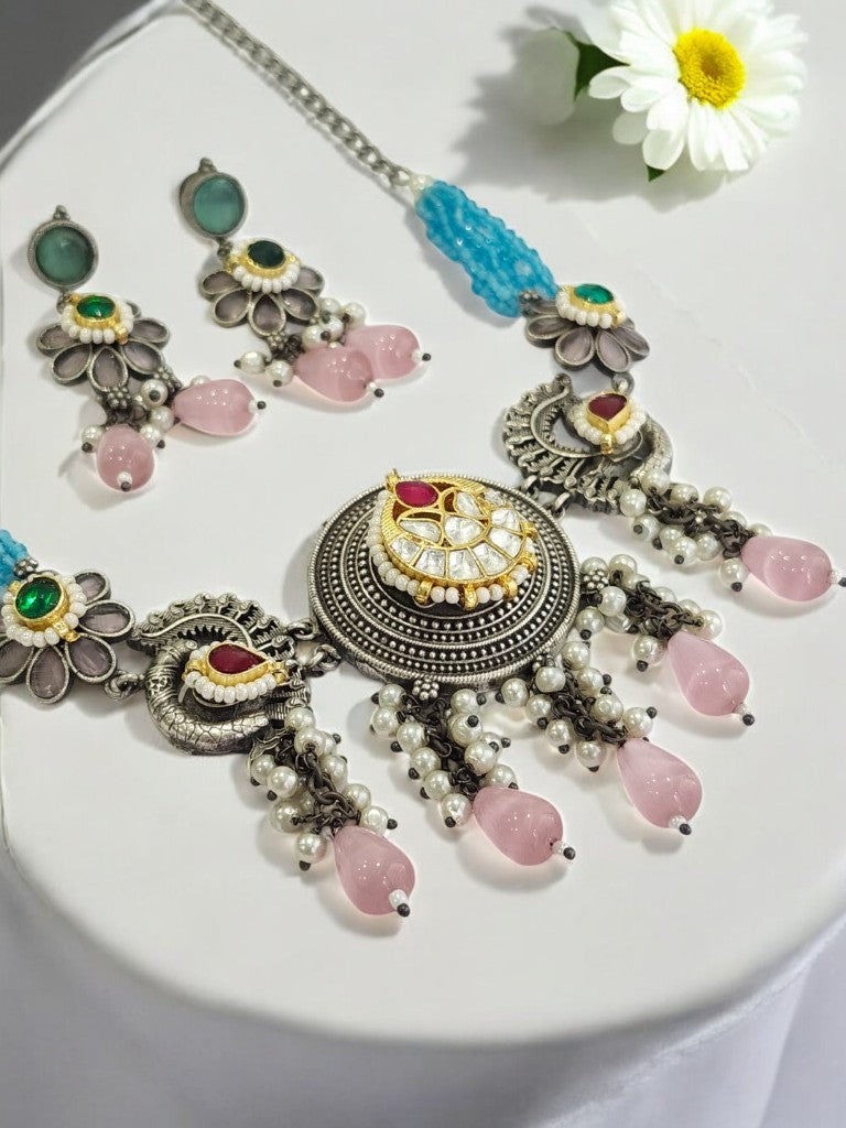 PINK DRISHNA GERMAN SILVER JEWELLERY SET