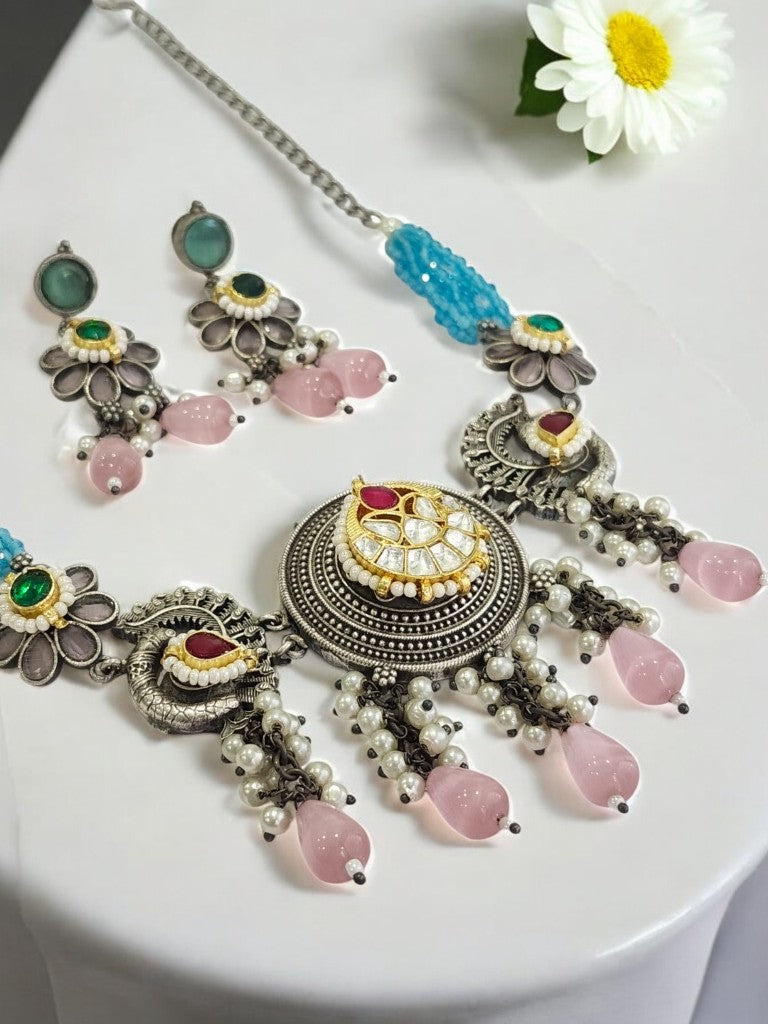 PINK DRISHNA GERMAN SILVER JEWELLERY SET