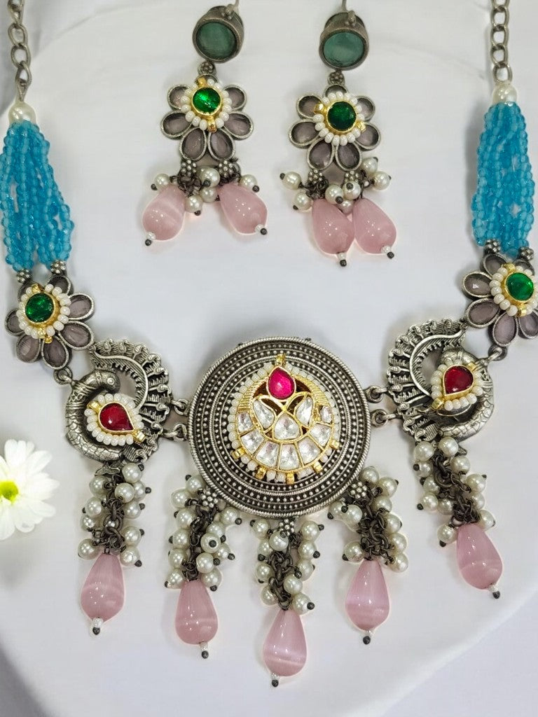 PINK DRISHNA GERMAN SILVER JEWELLERY SET