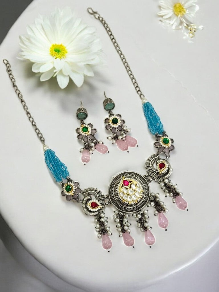 PINK DRISHNA GERMAN SILVER JEWELLERY SET