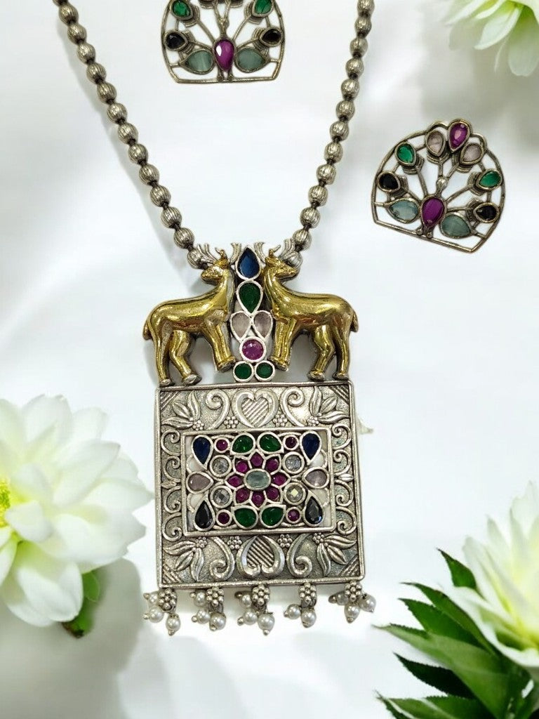 MULTI STONE KETKI GERMAN SILVER JEWELLERY SET