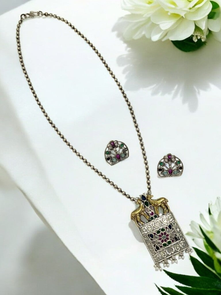 MULTI STONE KETKI GERMAN SILVER JEWELLERY SET