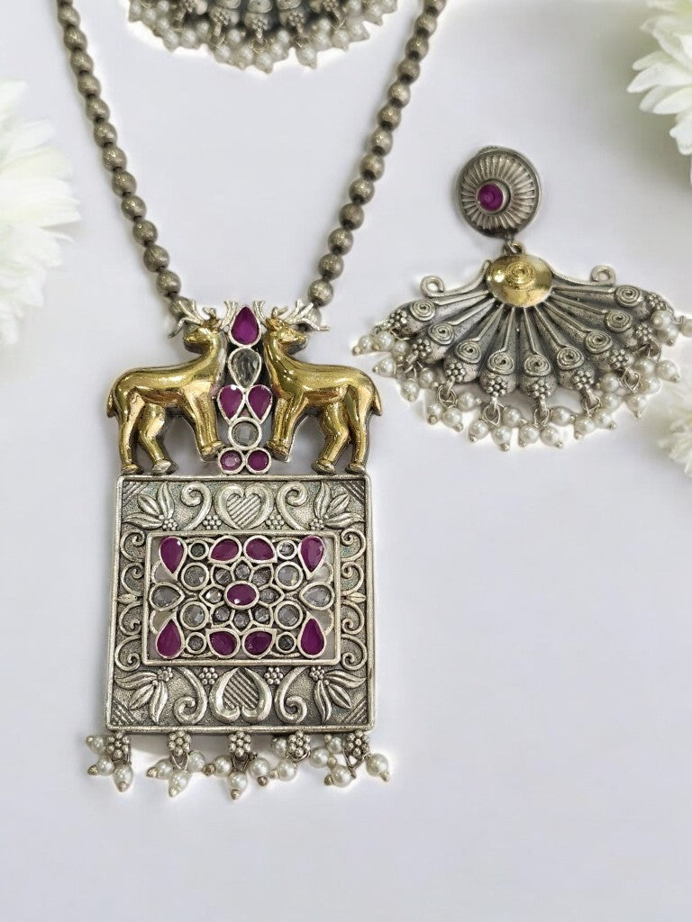 PINK STONE KETKISHI GERMAN SILVER JEWELLERY SET