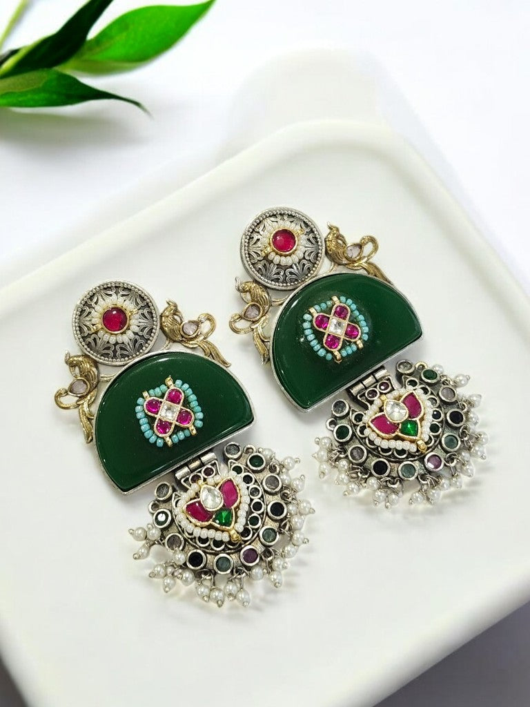 GREEN LEESHA GERMAN SILVER EARRINGS
