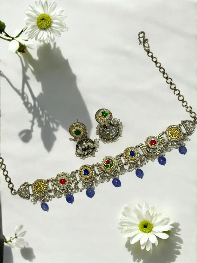 BLUE ARINA GERMAN SILVER JEWELLERY SET