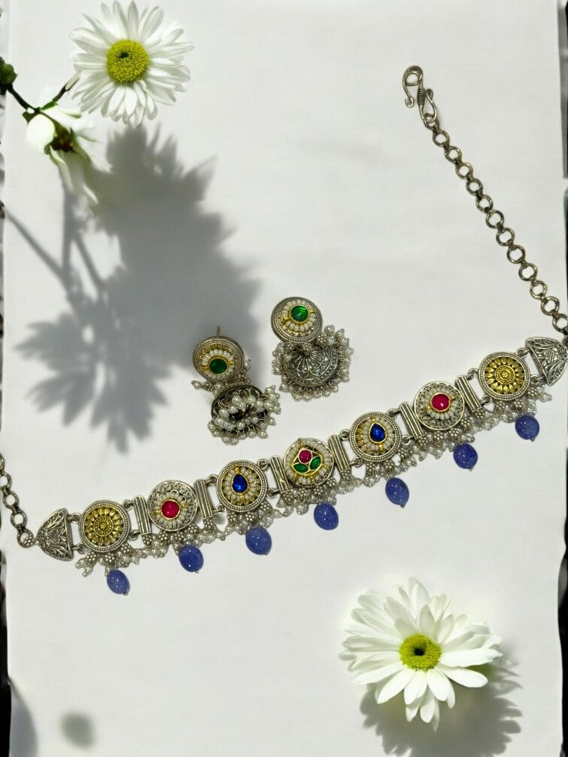 BLUE ARINA GERMAN SILVER JEWELLERY SET