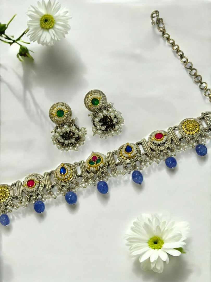 BLUE ARINA GERMAN SILVER JEWELLERY SET