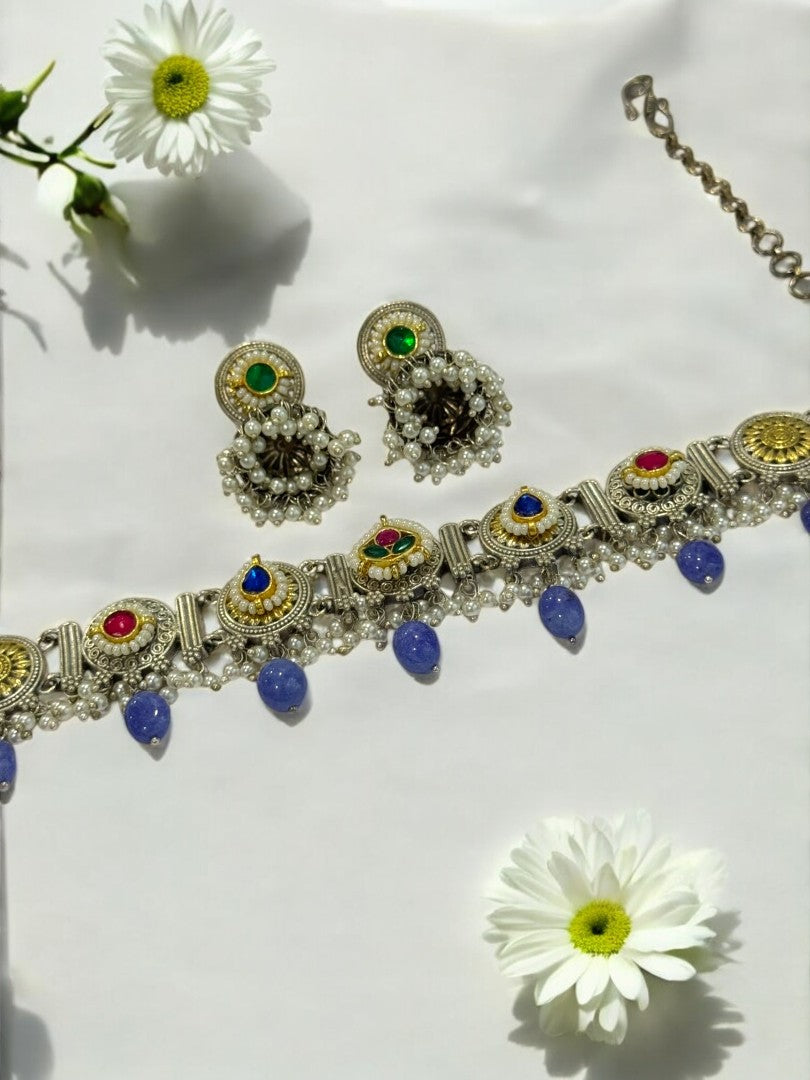 BLUE ARINA GERMAN SILVER JEWELLERY SET