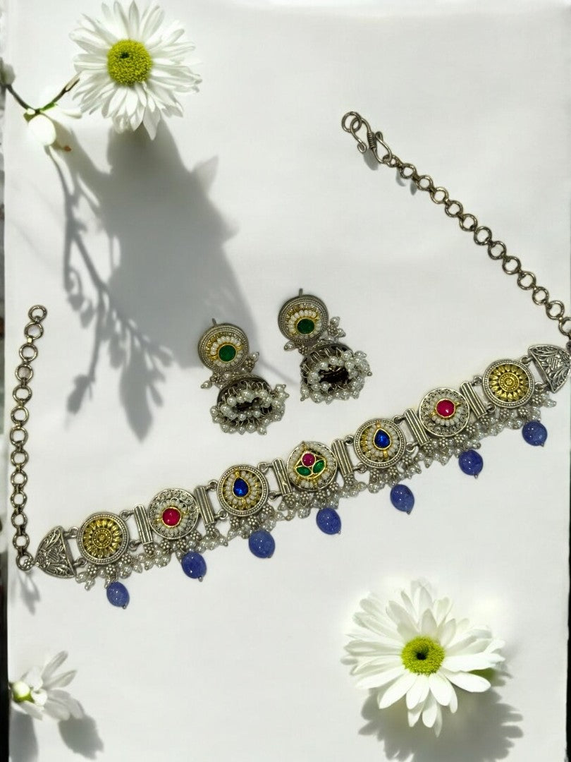 BLUE ARINA GERMAN SILVER JEWELLERY SET