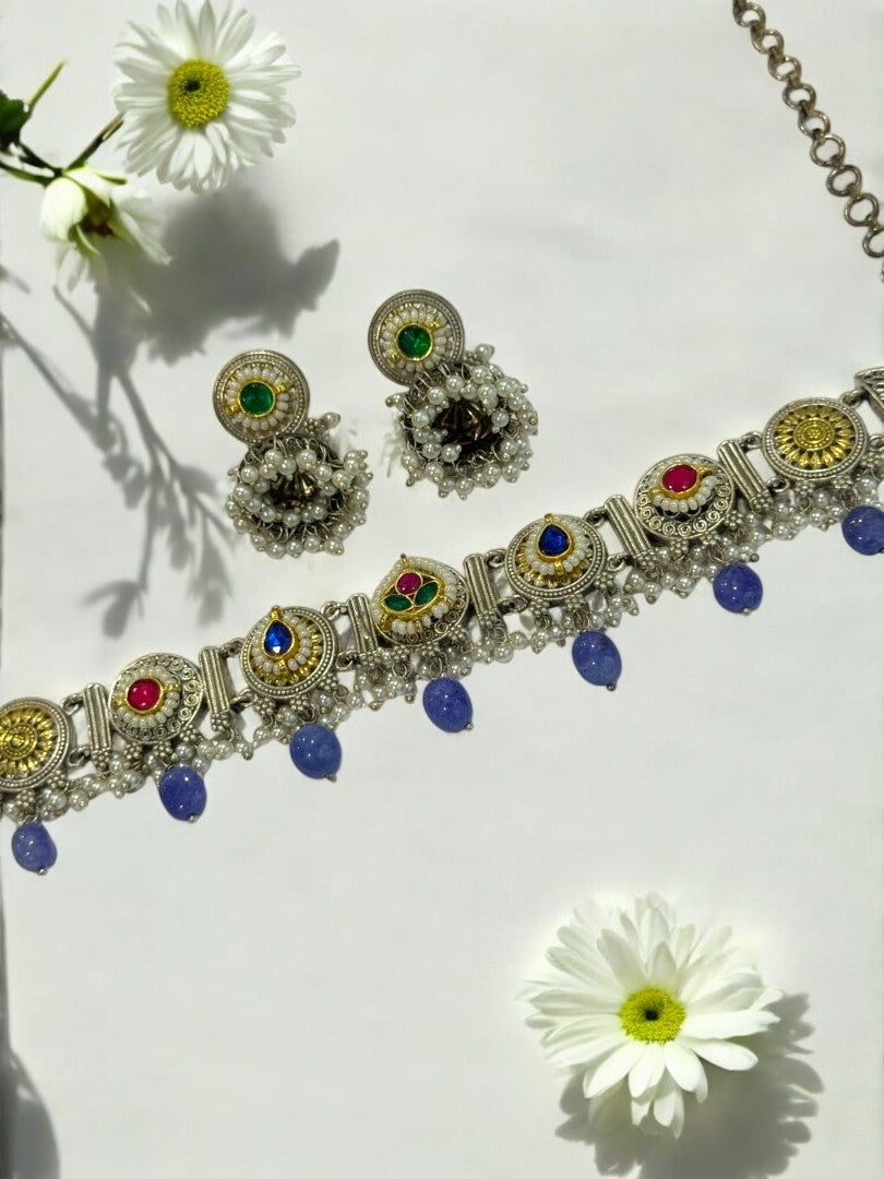 BLUE ARINA GERMAN SILVER JEWELLERY SET