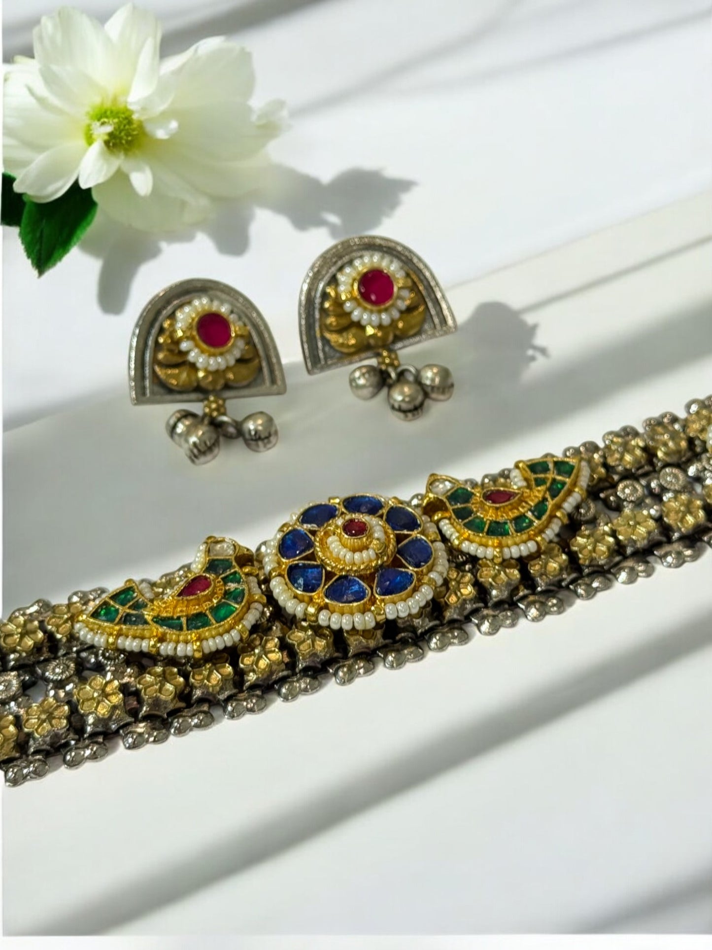 BLUE CHAITALI GERMAN SILVER JEWELLERY SET