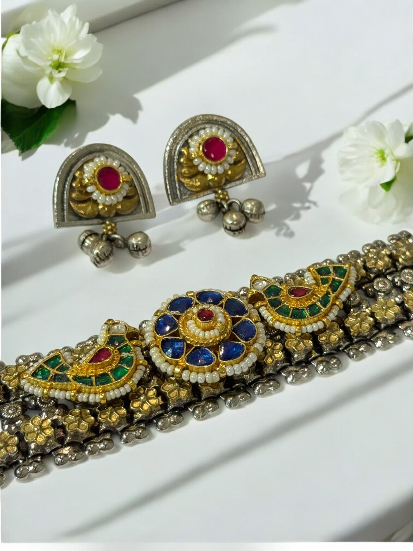 BLUE CHAITALI GERMAN SILVER JEWELLERY SET