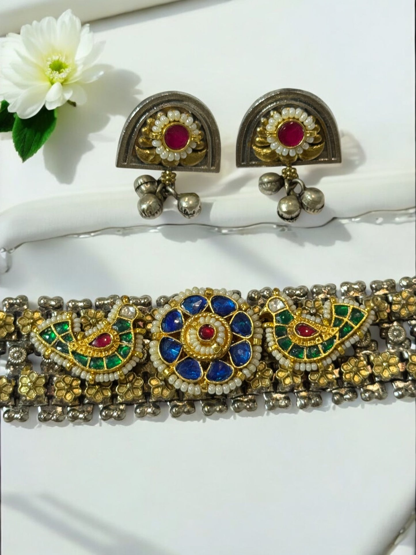 BLUE CHAITALI GERMAN SILVER JEWELLERY SET
