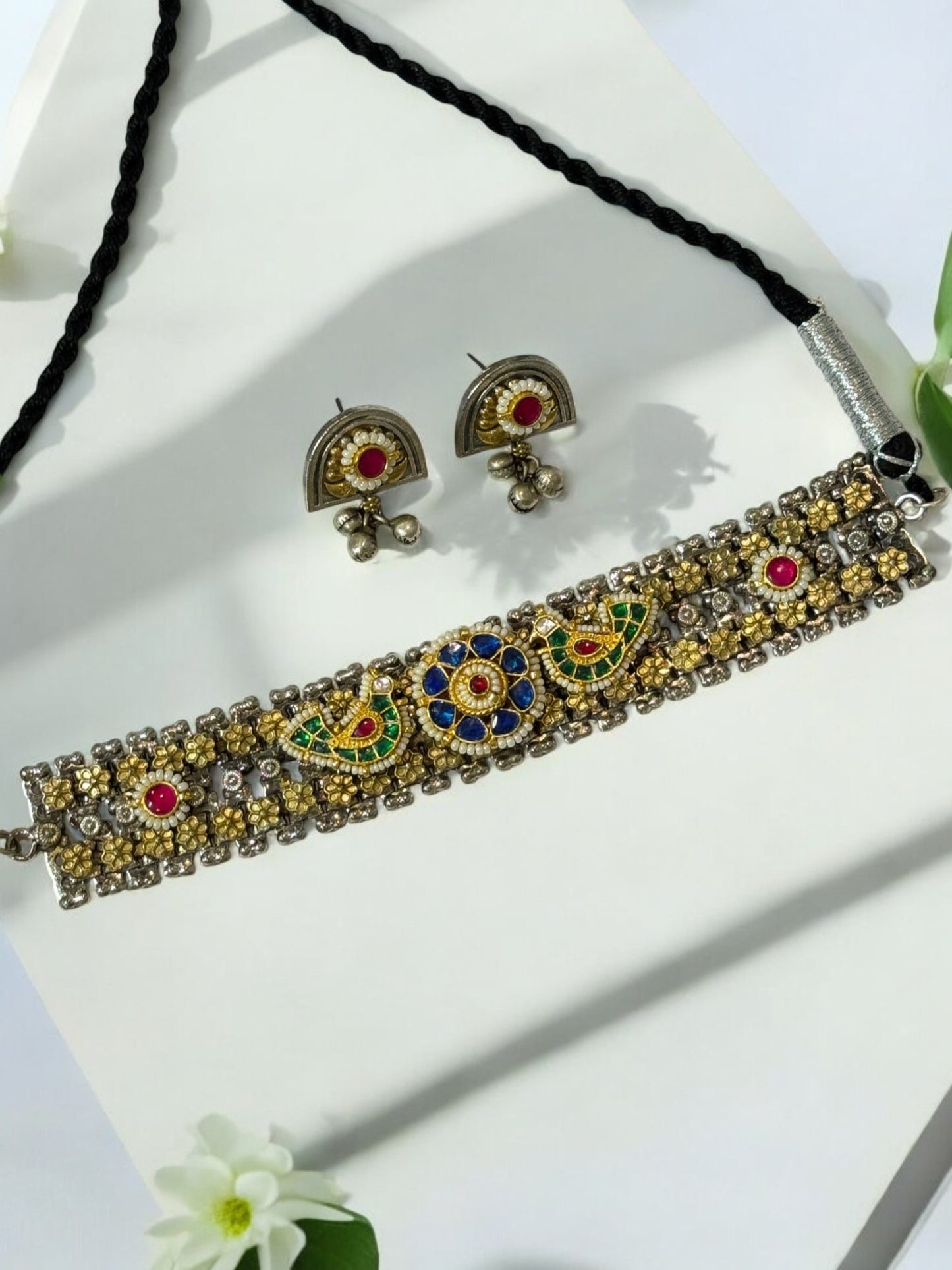 BLUE CHAITALI GERMAN SILVER JEWELLERY SET