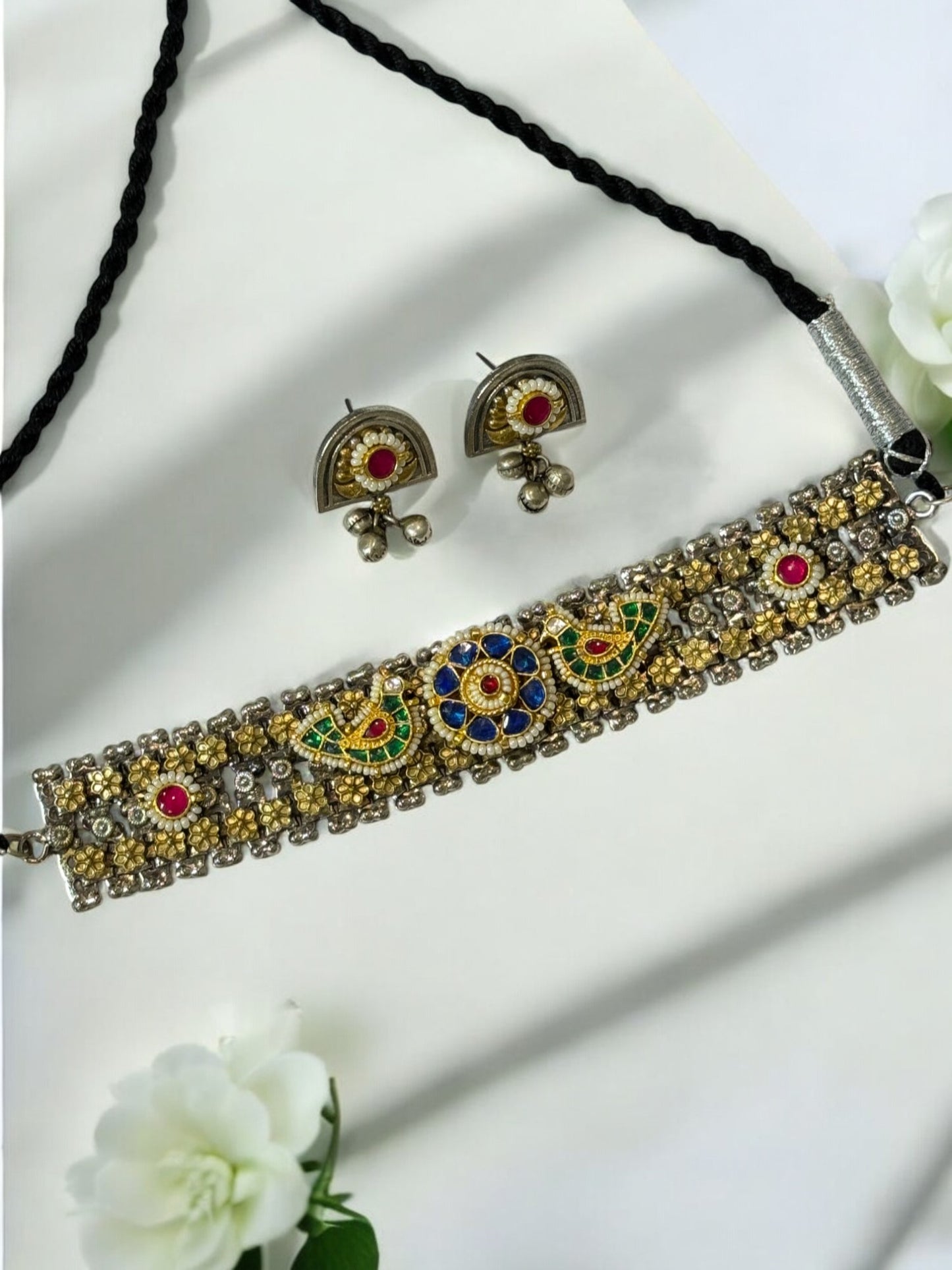 BLUE CHAITALI GERMAN SILVER JEWELLERY SET