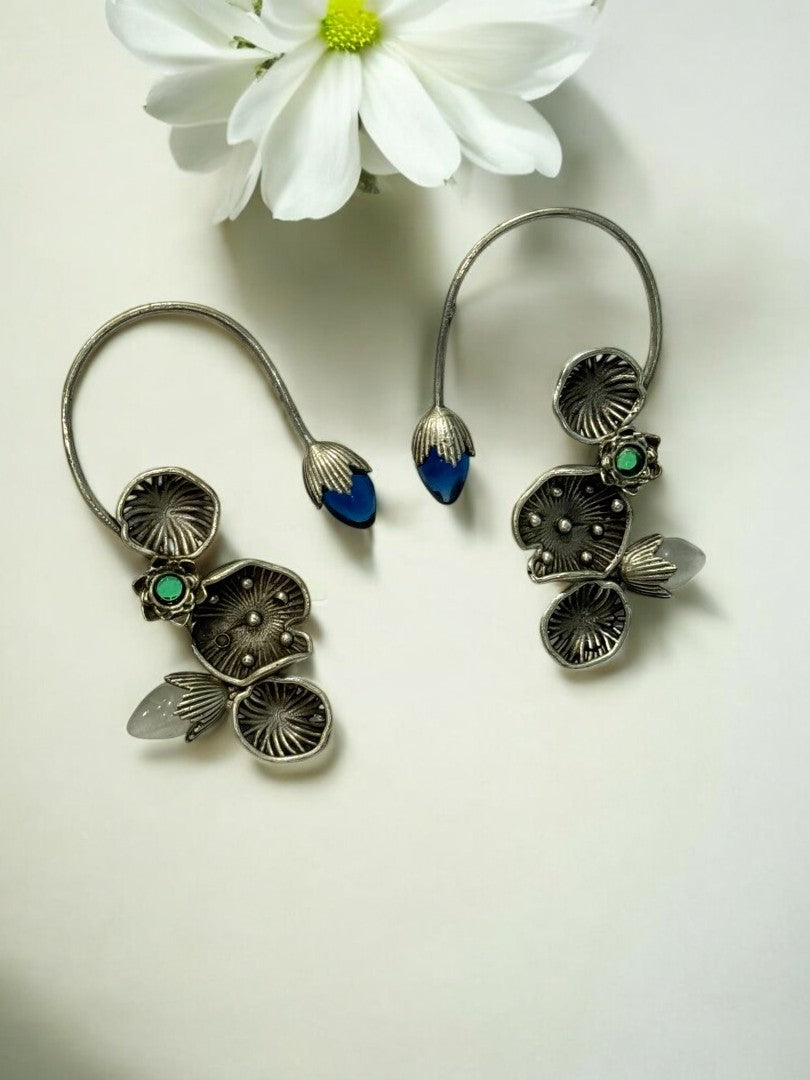 BLUE GREEN LOTUS LEAF AISHA GERMAN SILVER EAR CUFF