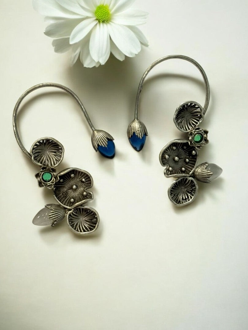 BLUE GREEN LOTUS LEAF AISHA GERMAN SILVER EAR CUFF