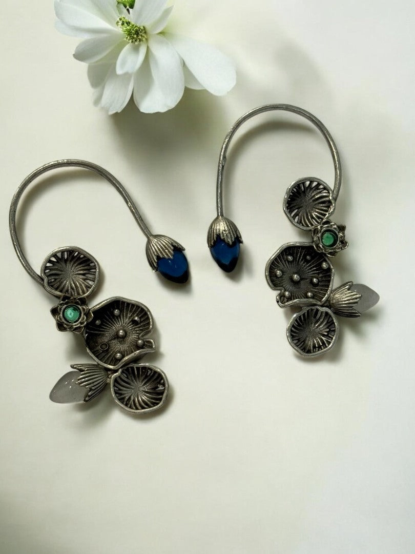 BLUE GREEN LOTUS LEAF AISHA GERMAN SILVER EAR CUFF