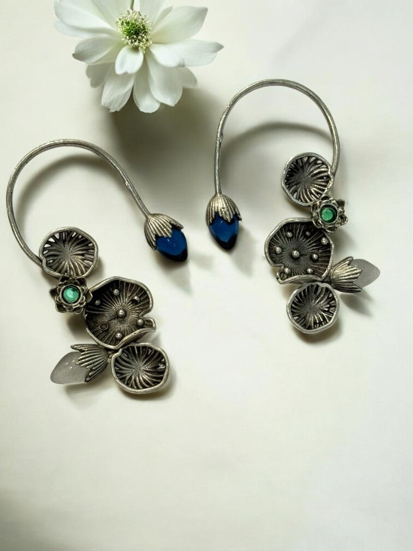 BLUE GREEN LOTUS LEAF AISHA GERMAN SILVER EAR CUFF
