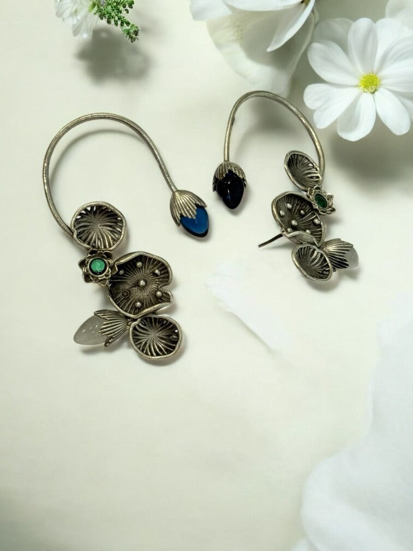 BLUE GREEN LOTUS LEAF AISHA GERMAN SILVER EAR CUFF