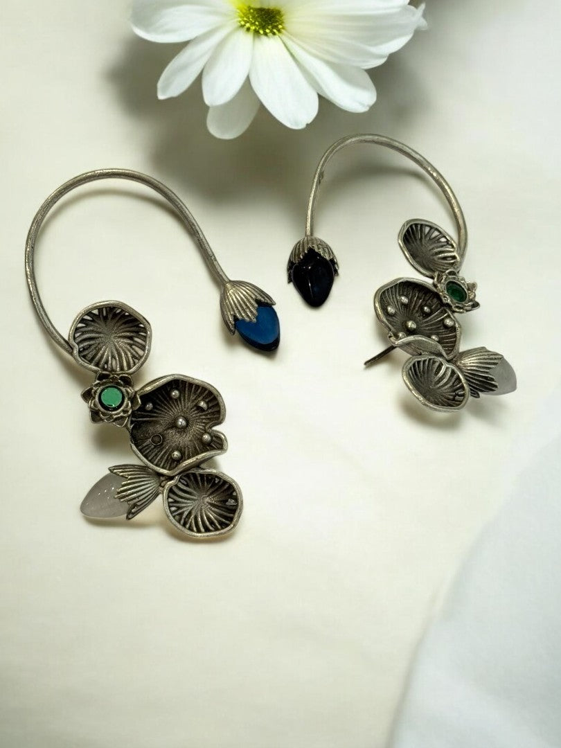 BLUE GREEN LOTUS LEAF AISHA GERMAN SILVER EAR CUFF