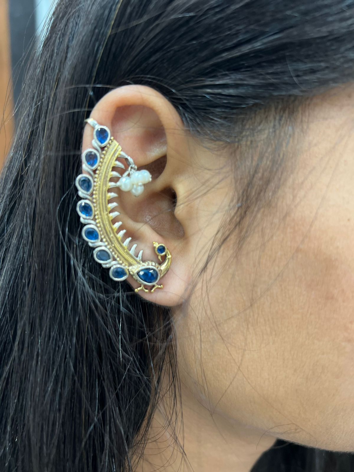 BLUE PEACOCK IDHIKA GERMAN SILVER EAR CUFF