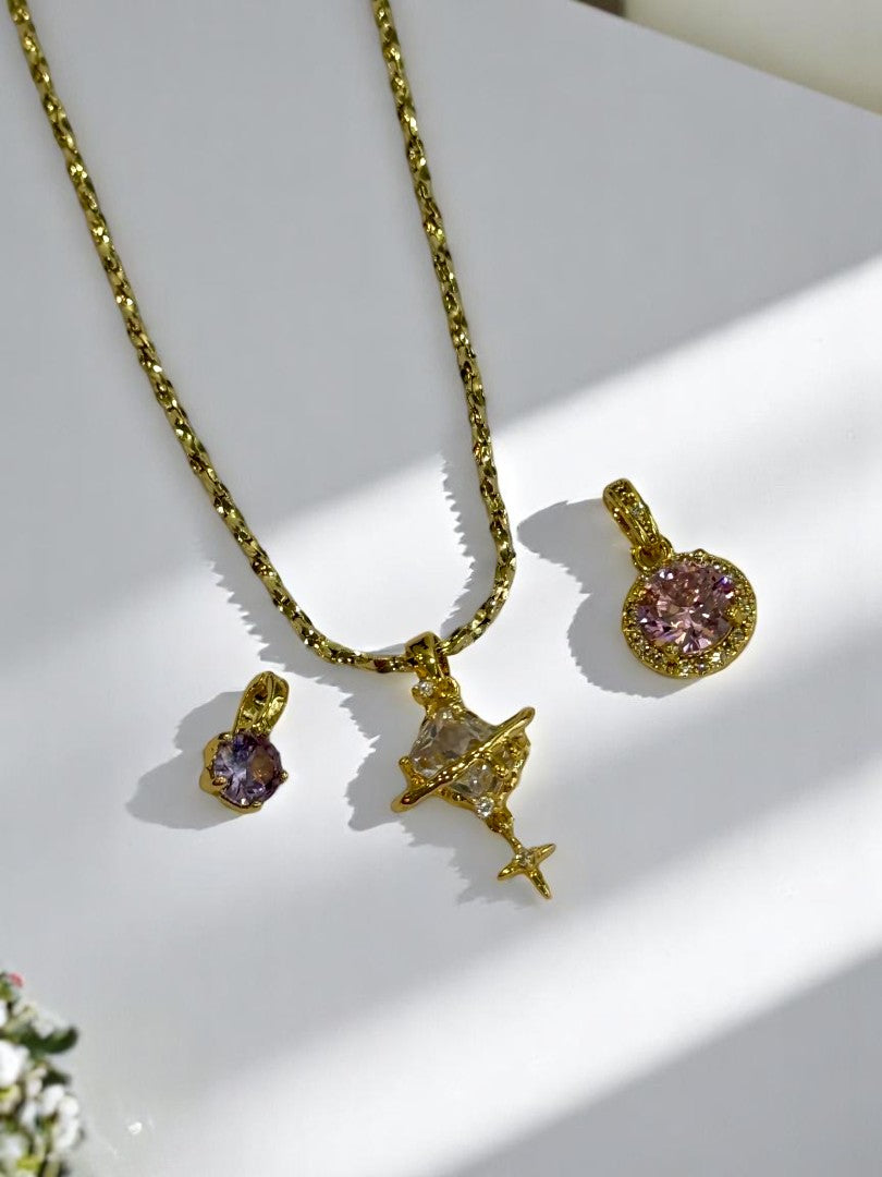 GOLDEN CHAIN WITH THREE TYPE OF PURPLE, WHITE, PINK DIAMOND PENDENT