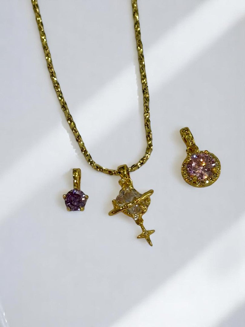 GOLDEN CHAIN WITH THREE TYPE OF PURPLE, WHITE, PINK DIAMOND PENDENT