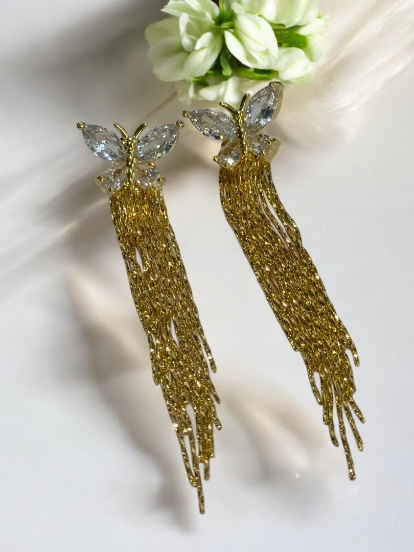 18K GOLD PLATED SHINY DIAMOND BUTTERFLY LUXURIOUS TASSEL / STUD EARRING