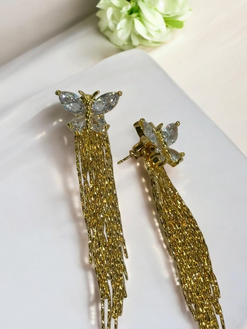 18K GOLD PLATED SHINY DIAMOND BUTTERFLY LUXURIOUS TASSEL / STUD EARRING