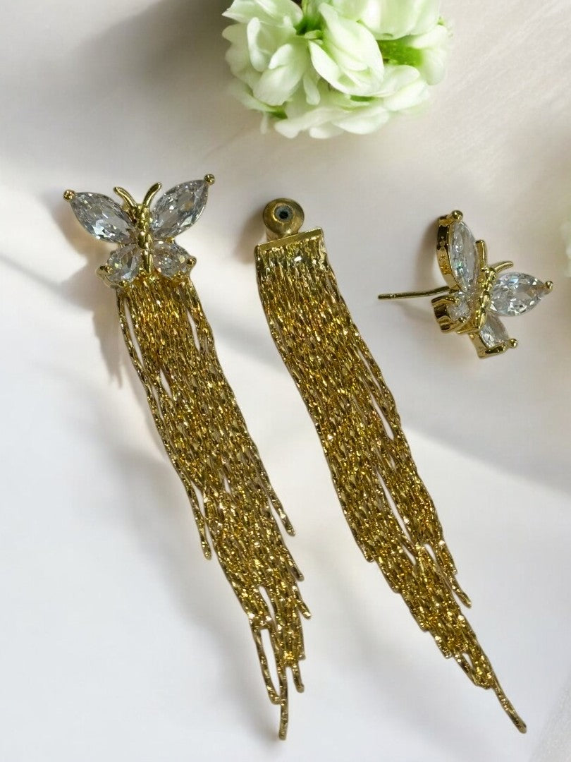 18K GOLD PLATED SHINY DIAMOND BUTTERFLY LUXURIOUS TASSEL / STUD EARRING