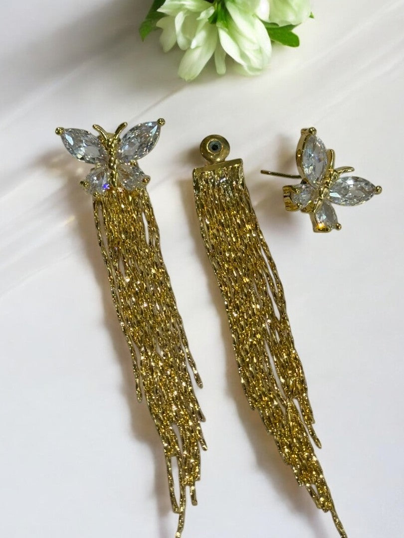 18K GOLD PLATED SHINY DIAMOND BUTTERFLY LUXURIOUS TASSEL / STUD EARRING