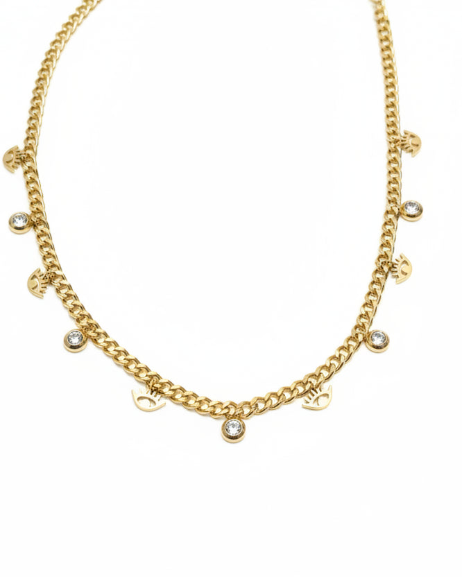 GOLDEN CHAIN WITH SHINY TINY HANGING DIAMOND AND EVIL EYE