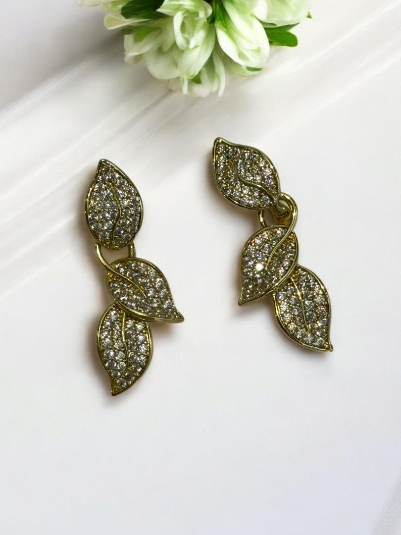 18K GOLD PLATED TWINKLING DIAMOND LEAVES HOOP AND DANGLE EARRING