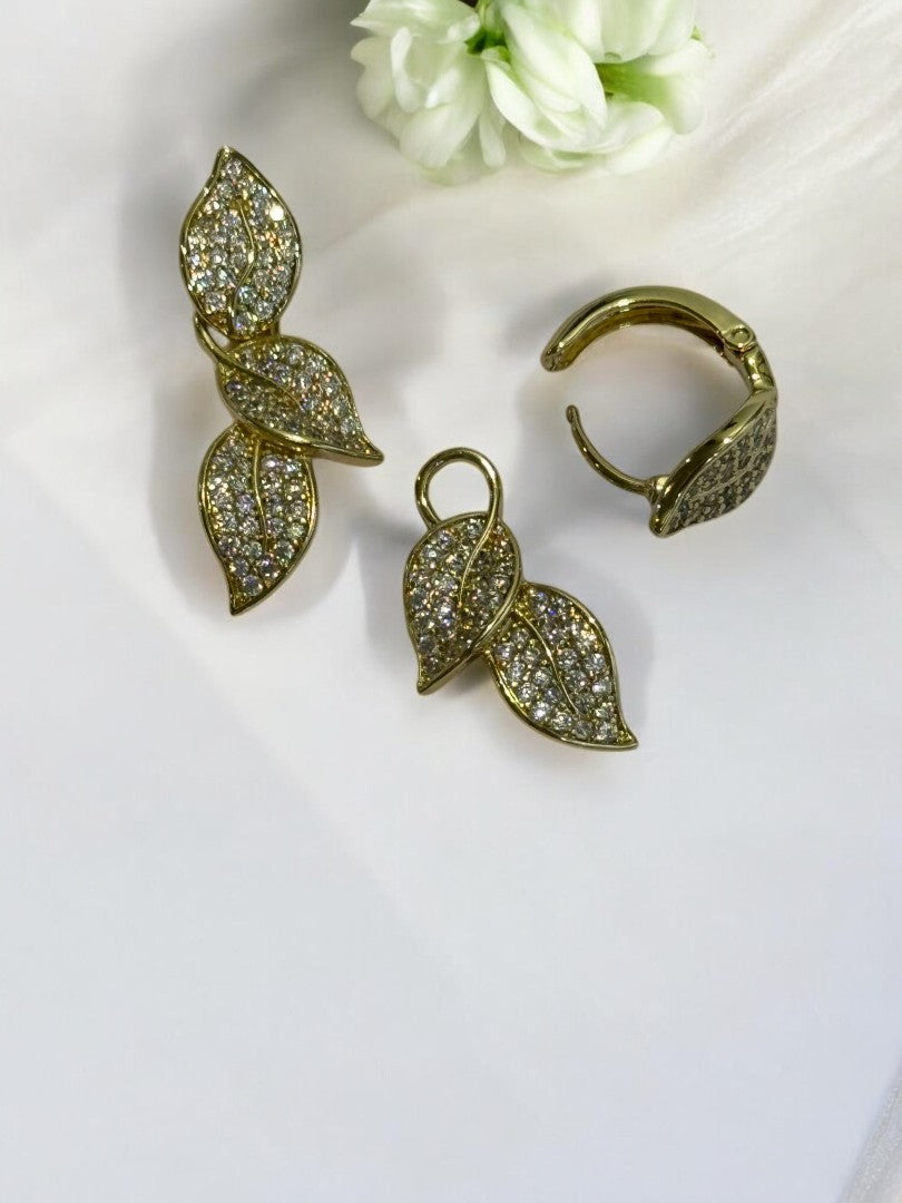 18K GOLD PLATED TWINKLING DIAMOND LEAVES HOOP AND DANGLE EARRING