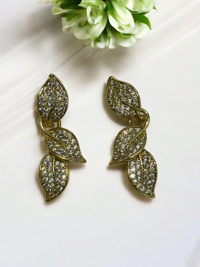 18K GOLD PLATED TWINKLING DIAMOND LEAVES HOOP AND DANGLE EARRING