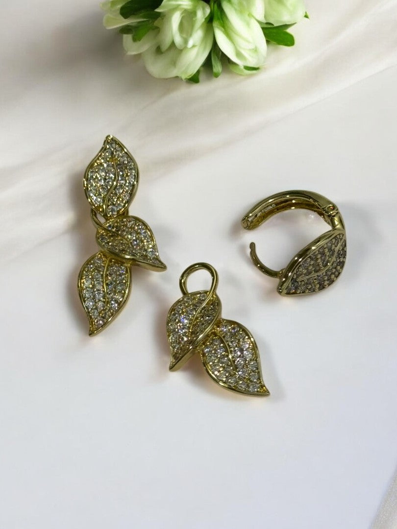 18K GOLD PLATED TWINKLING DIAMOND LEAVES HOOP AND DANGLE EARRING