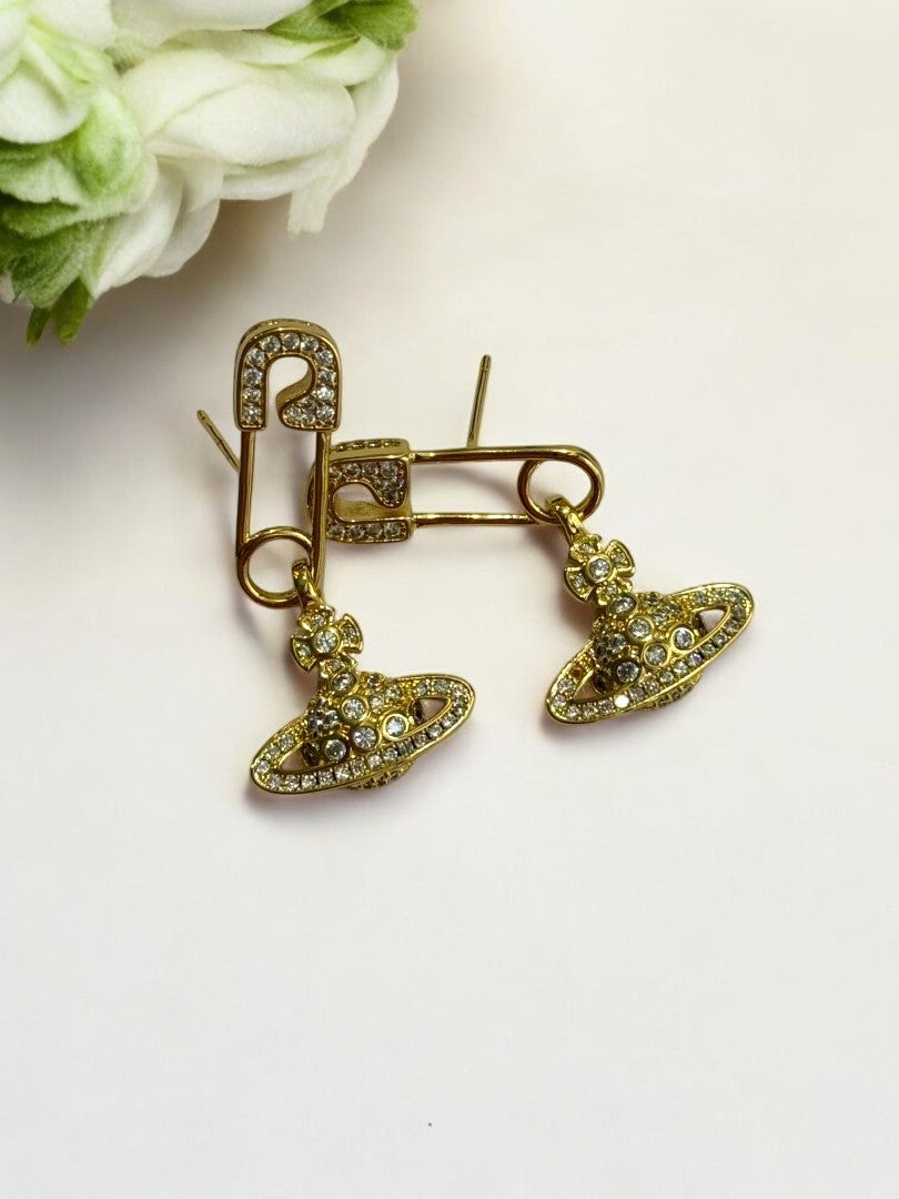 18K GOLD PLATED DIAMOND VIVIENNE WESTWOOD BRAND HANGING DIAOMND BALL, DANGLING EARRING