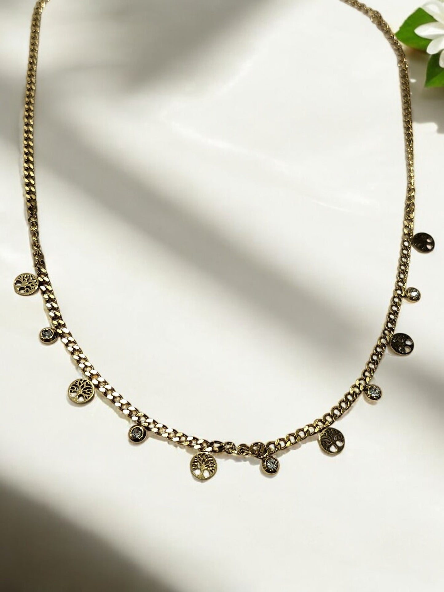 GOLDEN CHAIN WITH TREE OF LIFE SYMBOL AND HANGING DIAMOND