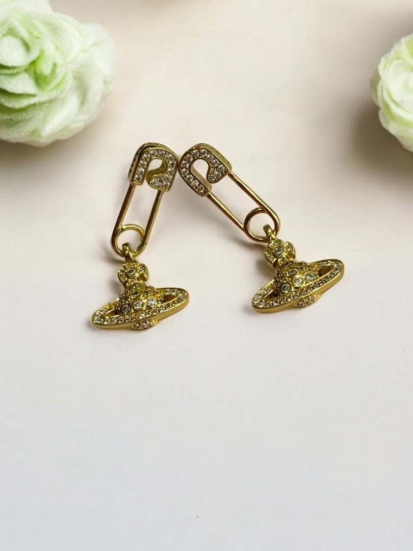 18K GOLD PLATED DIAMOND VIVIENNE WESTWOOD BRAND HANGING DIAOMND BALL, DANGLING EARRING