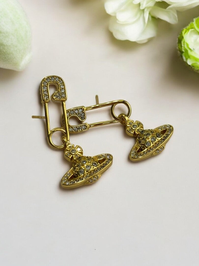 18K GOLD PLATED DIAMOND VIVIENNE WESTWOOD BRAND HANGING DIAOMND BALL, DANGLING EARRING
