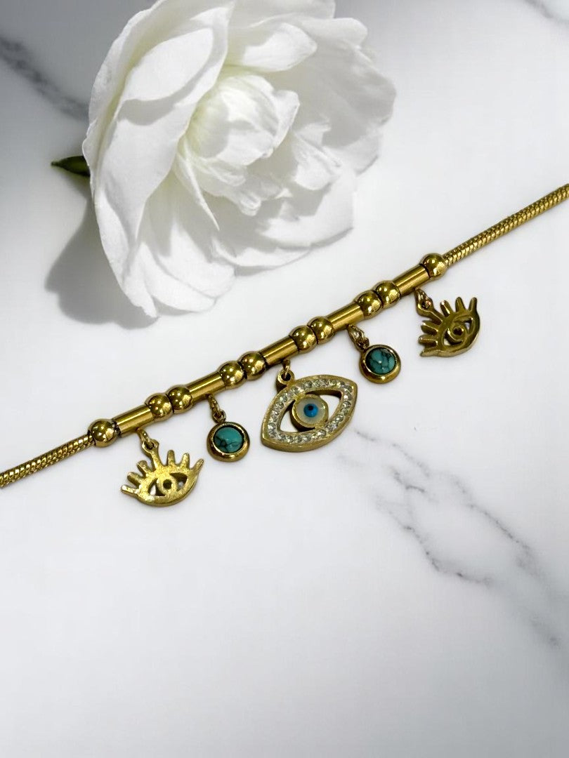 GOLDEN CHAIN WITH HANGING EVIL EYE CHARMS